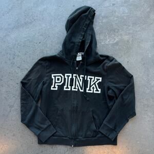 Vintage Y2k Victoria's Secret Black Full Zip Spellout Hoodie Sweatshirt Large